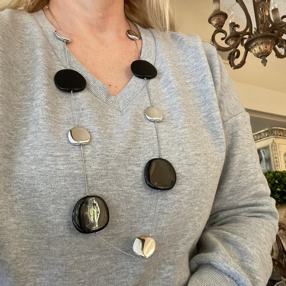 J. Jill Boho Artisan Organic Long Silvertone & Wood Disc Station Necklace - Picture 4 of 4